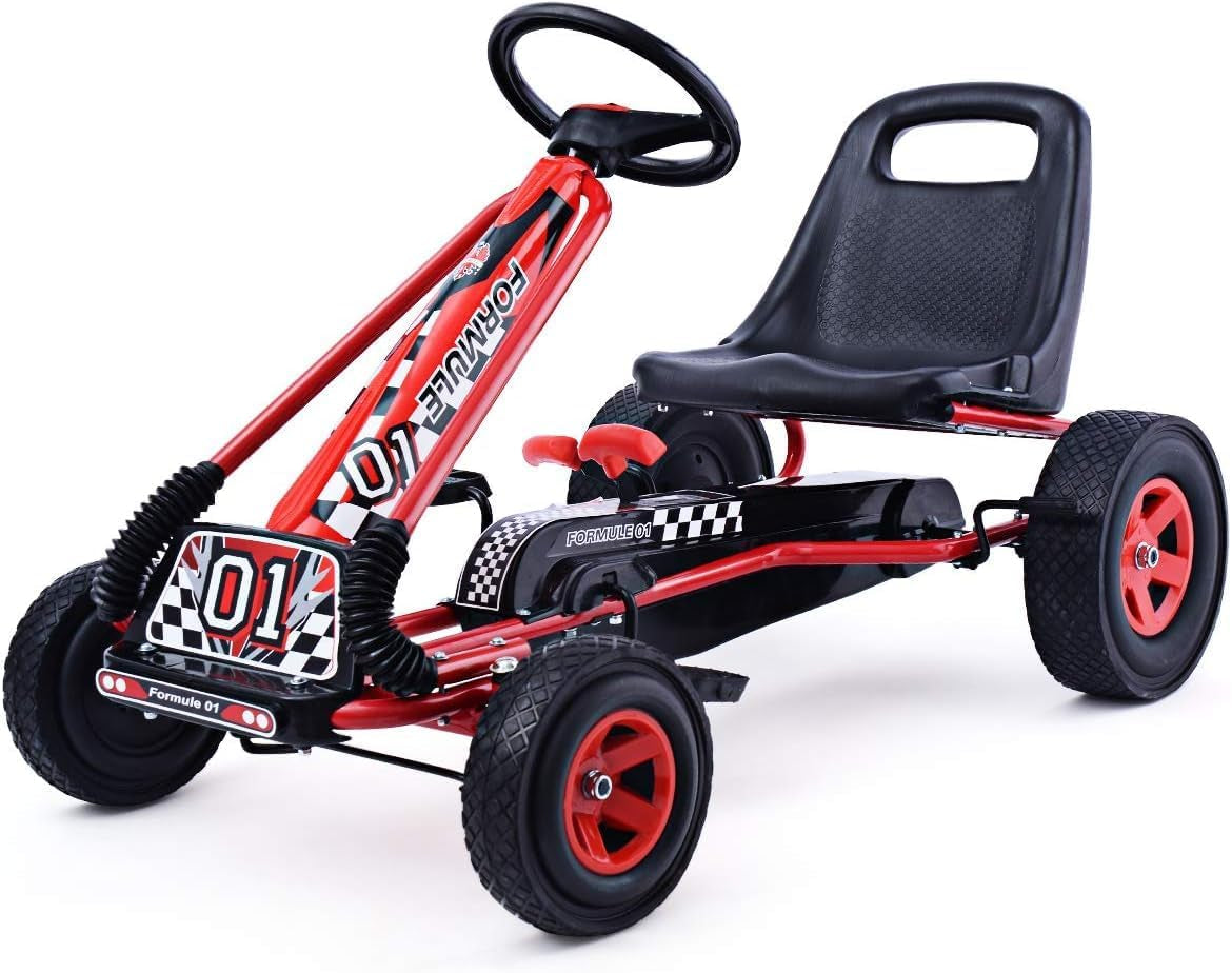 RhodesDavis Kids' Off-Road Go Kart - 4-Wheel Pedal Cart with Steering Wheel, Adjustable Seat, Dual Safety Brakes, EVA Tires, Clutch, and Outdoor Racing Features (Red)