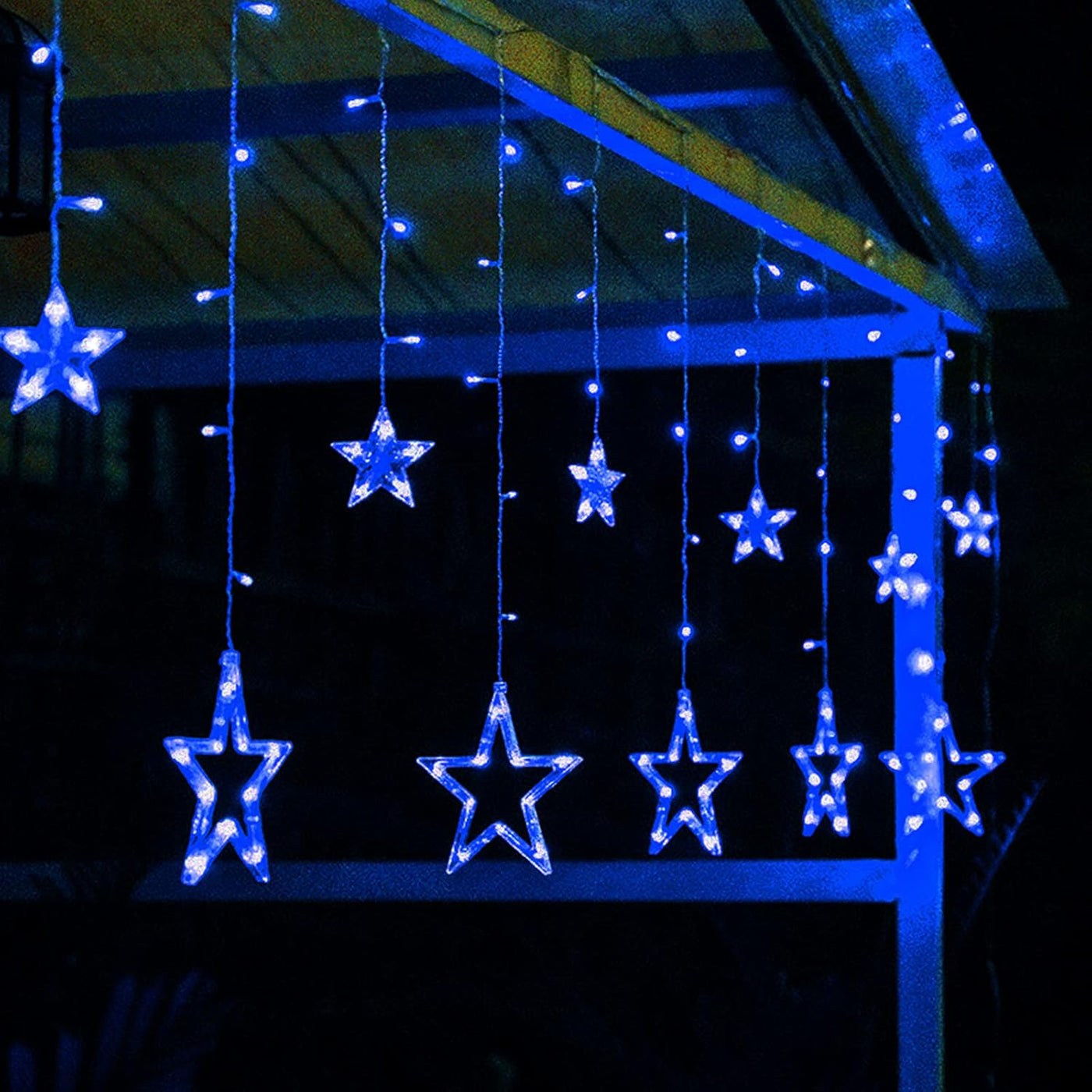 RhodesDavis Blue 12 Stars 138 LED Christmas Star Curtain String Lights - Plug-in Decorative Lighting for Bedroom, Wedding, and Garden with 8 Lighting Modes, Waterproof Design for Ramadan and Holiday Celebrations