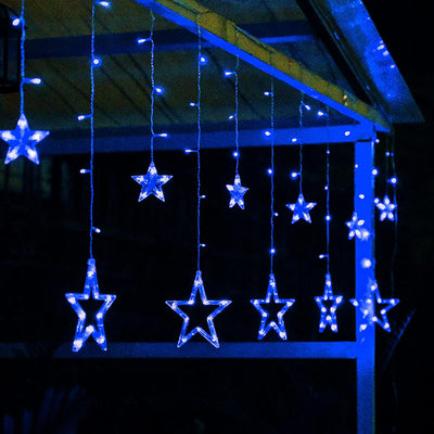 RhodesDavis Blue 12 Stars 138 LED Christmas Star Curtain String Lights - Plug-in Decorative Lighting for Bedroom, Wedding, and Garden with 8 Lighting Modes, Waterproof Design for Ramadan and Holiday Celebrations