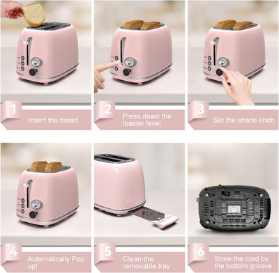 RhodesDavis Toaster 2 Slice,Retro Stainless Steel Toaster with 6 Settings, 1.5 in Extra Wide Slots, Bagel/Defrost/Cancel Function, Removable Crumb Tray (Baby Pink)