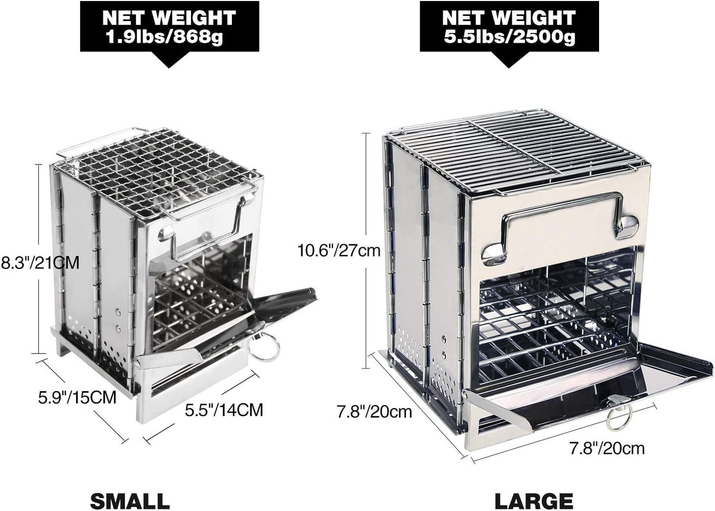 RhodesDavis Wood Burning Folding Camp Stove Stainless Steel Grill, Portable Collapsible Backpacking Stove Survival Rocket Stove for Hiking Outdoor Tent Camping Picnic BBQ, Large