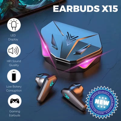 RhodesDavis X15 TWS Wireless Bluetooth Gaming Earbuds with LED Display and Microphone, Noise Cancelling Headphones