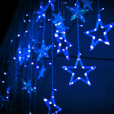 RhodesDavis Blue 12 Stars 138 LED Christmas Star Curtain String Lights - Plug-in Decorative Lighting for Bedroom, Wedding, and Garden with 8 Lighting Modes, Waterproof Design for Ramadan and Holiday Celebrations