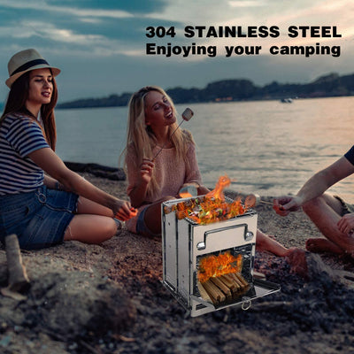 RhodesDavis Wood Burning Folding Camp Stove Stainless Steel Grill, Portable Collapsible Backpacking Stove Survival Rocket Stove for Hiking Outdoor Tent Camping Picnic BBQ, Large