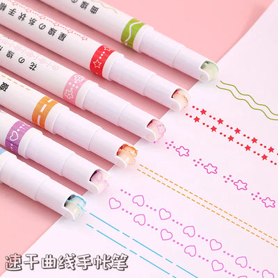 RhodesDavis 6Pcs/Set Kawaii Flowers Line Shaped Highlighter Pens Roller Tip Curve Liner Marker for Writing Journaling Drawing Stationery