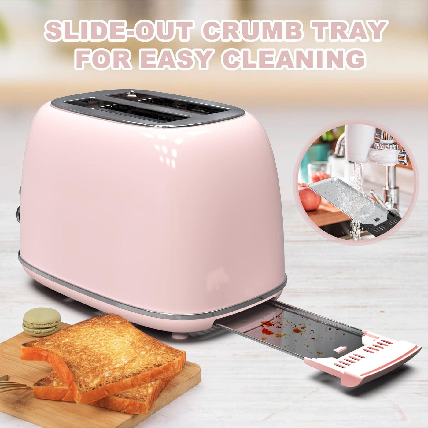 RhodesDavis Toaster 2 Slice,Retro Stainless Steel Toaster with 6 Settings, 1.5 in Extra Wide Slots, Bagel/Defrost/Cancel Function, Removable Crumb Tray (Baby Pink)