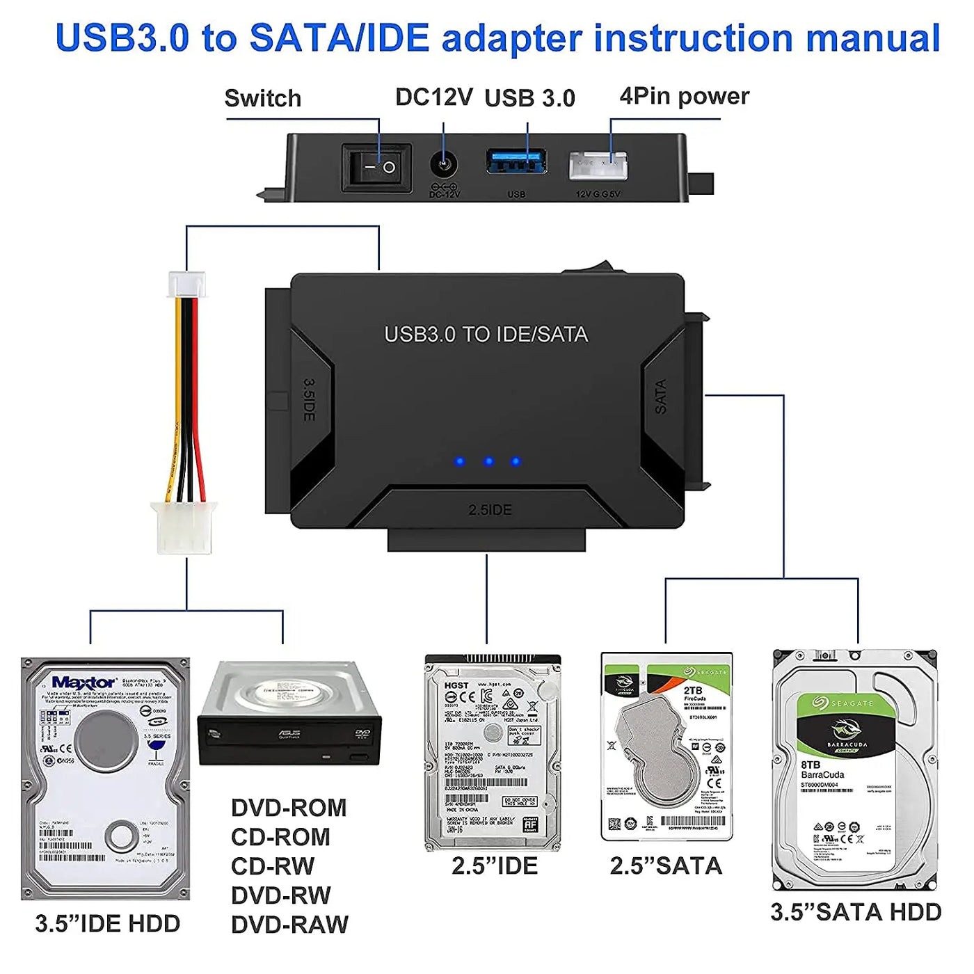 RhodesDavis USB 3.0 to SATA IDE Hard Disk Adapter Converter Cable for 3.5 2.5 Inch HDD/SSD CD DVD ROM CD-RW 3 in 1 IDE SATA Adapter