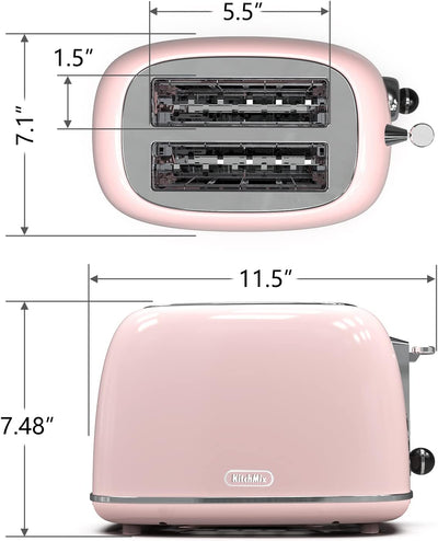 RhodesDavis Toaster 2 Slice,Retro Stainless Steel Toaster with 6 Settings, 1.5 in Extra Wide Slots, Bagel/Defrost/Cancel Function, Removable Crumb Tray (Baby Pink)