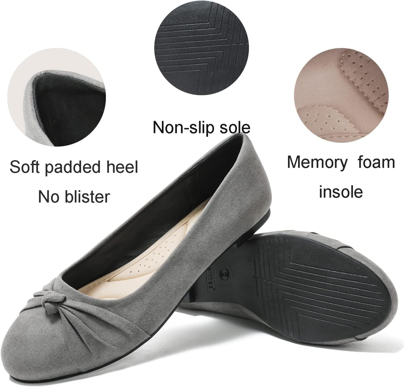 RhodesDavis Women's Suede Ballet Flats - Round Toe Comfortable Dress Shoes (Model 2011006, Grey/Mint, Size 6.5)