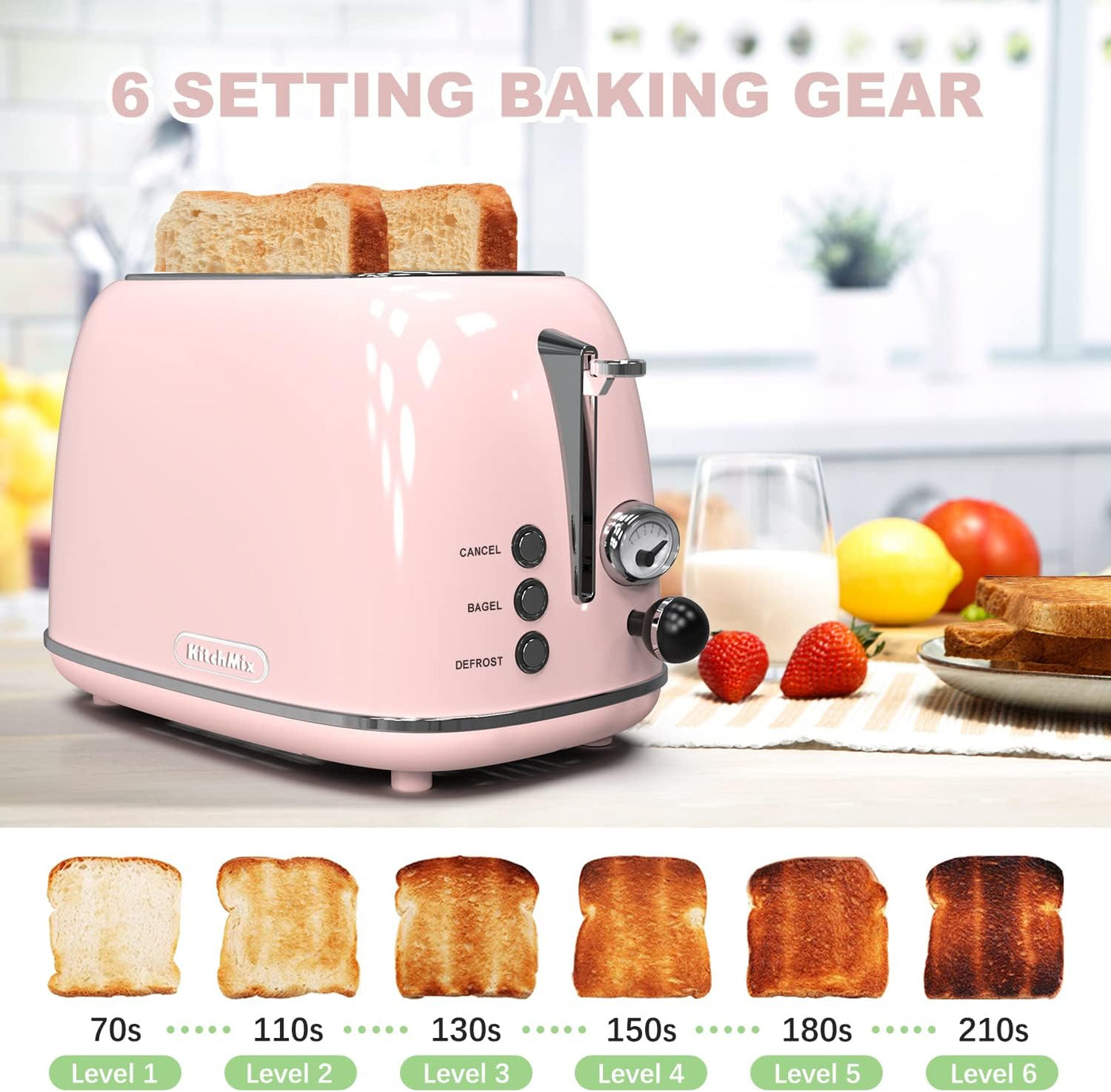 RhodesDavis Toaster 2 Slice,Retro Stainless Steel Toaster with 6 Settings, 1.5 in Extra Wide Slots, Bagel/Defrost/Cancel Function, Removable Crumb Tray (Baby Pink)