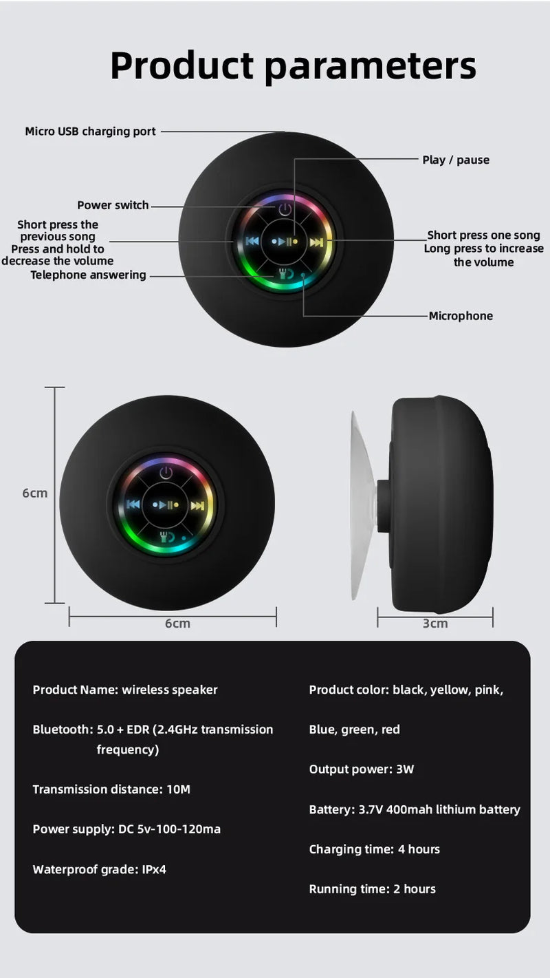 RhodesDavis Portable Waterproof Bluetooth Shower Speaker with Suction Cup and LED Lights 3D Surround Stereo Subwoofer