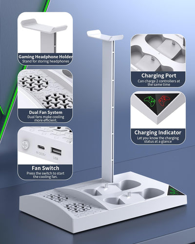 RhodesDavis Charger Stand Cooling Fan for Xbox Series S Console & Controller,Vertical Dual Cooler System Charging Dock Accessories with 2 X 1400Mah Rechargeable Battery & Cover,Earphone Bracket for Xbox Series S