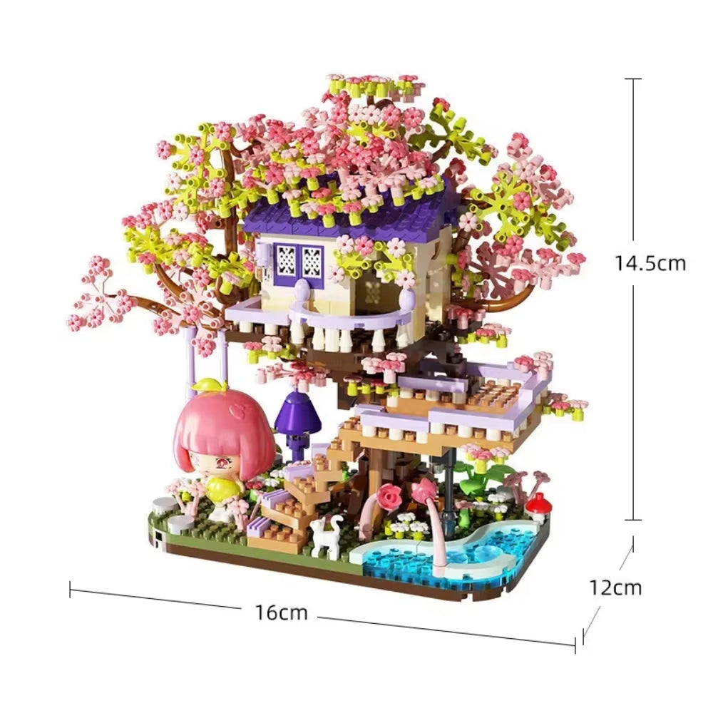 RhodesDavis Mini Sakura Tree House 2138Pcs Build Block City Street View Cherry Blossom Model Building Blocks Toys Children Gifts