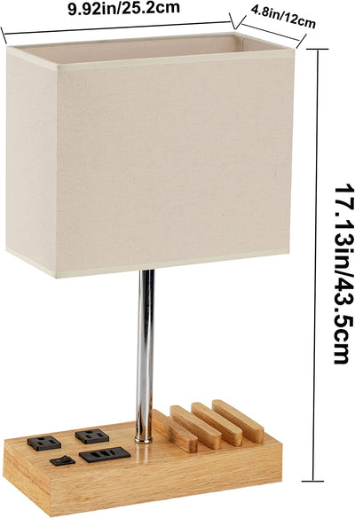 RhodesDavis Desk Lamp with 3 USB Charging Ports, Table Lamp with 2AC Outlets and 3 Phone Stands, Nightstand Bedside Lamp with Natural Wooden Base and Cream Linen Shade