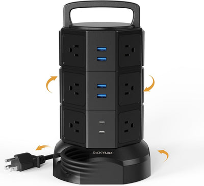 RhodesDavis Power Strip Tower Surge Protector, 1625W 13A Outlet Surge Electric Tower, 12 Outlets 6 USB Ports Charging Station with 16AWG 6.5Ft Heavy Duty Extension Cord for Home Office Dorm Black