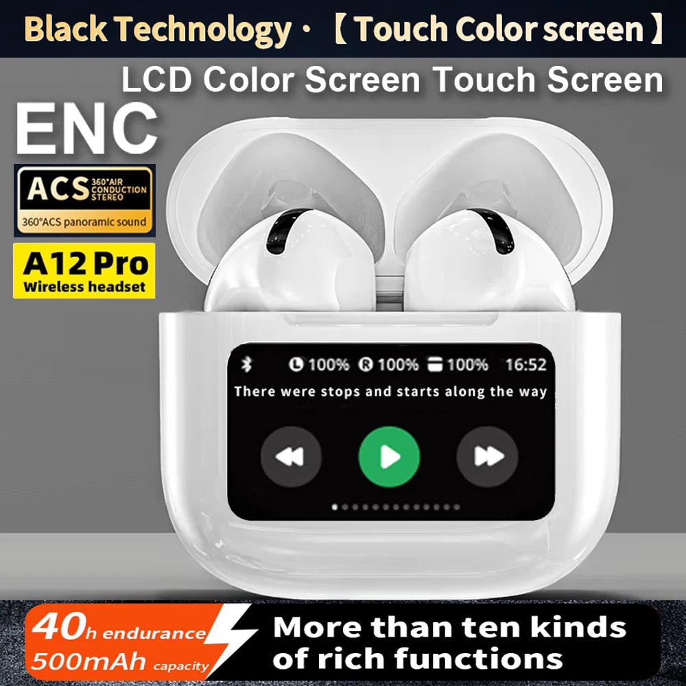 RhodesDavis A12 Pro ENC Noise Cancellation Earphone TWS Wireless Earbuds with Touch Control LCD Screen Equalizer Super Bass Premium Sound