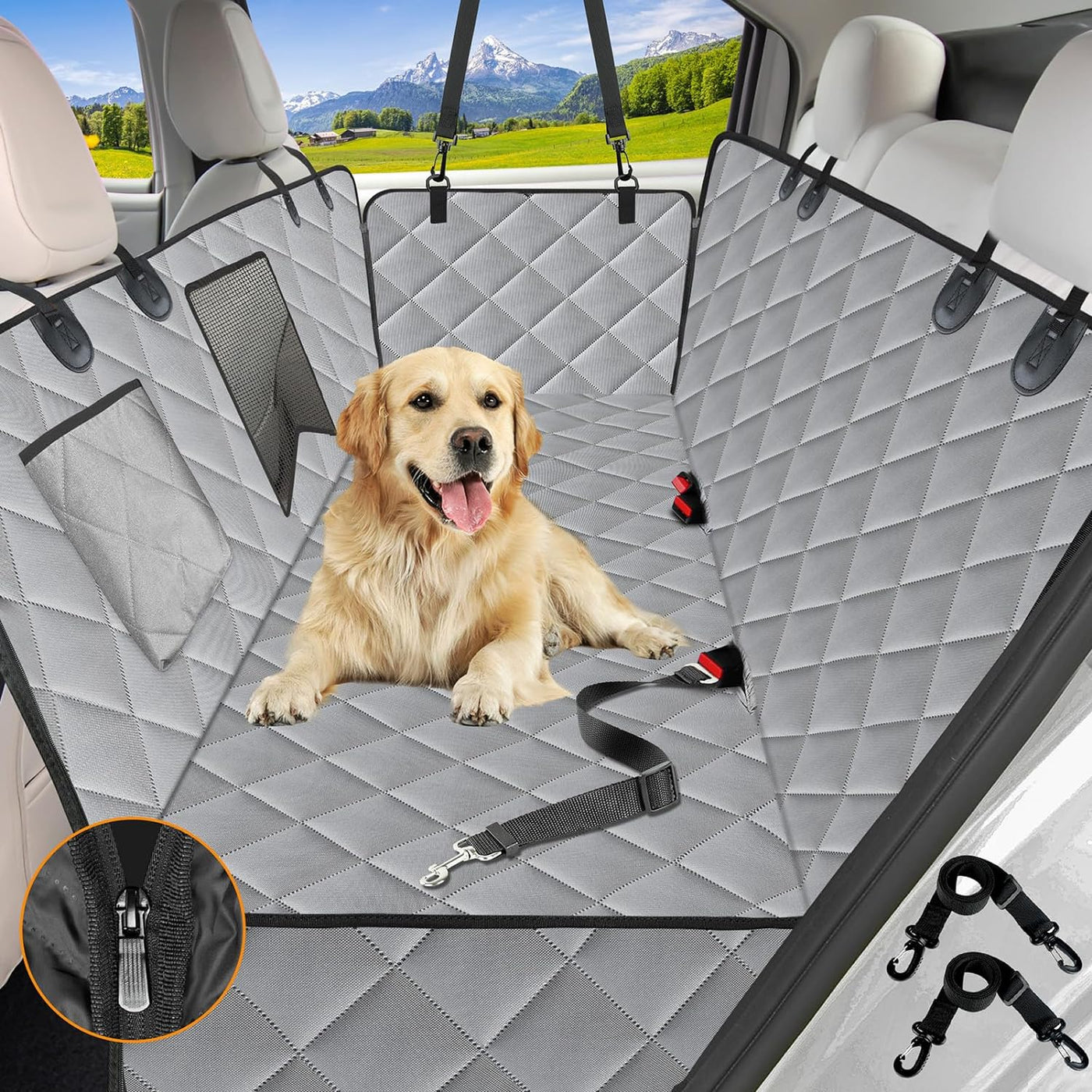 RhodesDavis Dog Car Seat Cover for Back Seat,Waterproof Hammock with Mesh Window, Anti-Scratch Nonslip Car Seat Protector for Dogs, 600D Heavy Duty Dog Seat Cover for Cars Trucks and Suvs