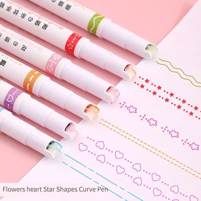 RhodesDavis 6Pcs/Set Kawaii Flowers Line Shaped Highlighter Pens Roller Tip Curve Liner Marker for Writing Journaling Drawing Stationery