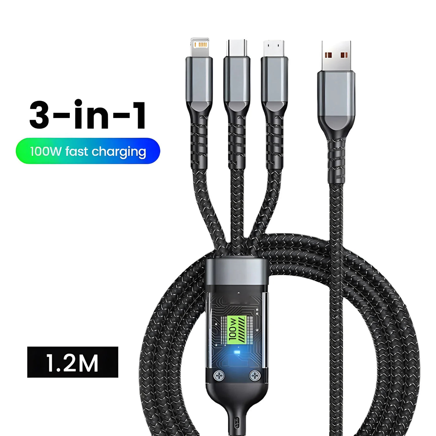 RhodesDavis Transparent Luminous 3-In-1 Super Fast Charging Cable, 3 in 1 Charging Cable, Universal with Type-C Micro for Iphone15 14 13