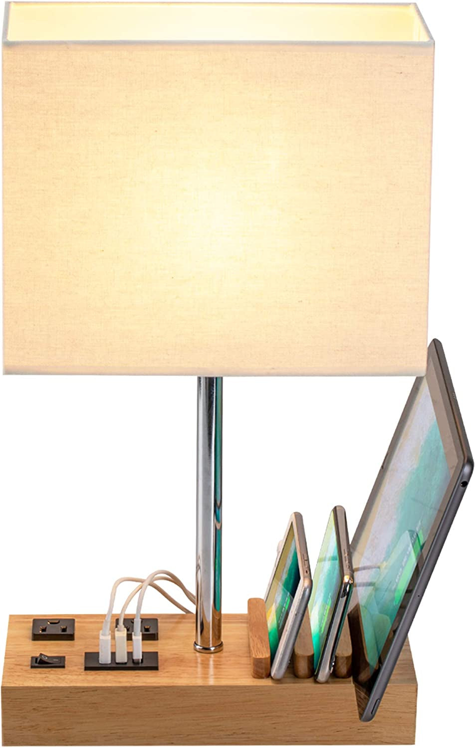 RhodesDavis Desk Lamp with 3 USB Charging Ports, Table Lamp with 2AC Outlets and 3 Phone Stands, Nightstand Bedside Lamp with Natural Wooden Base and Cream Linen Shade