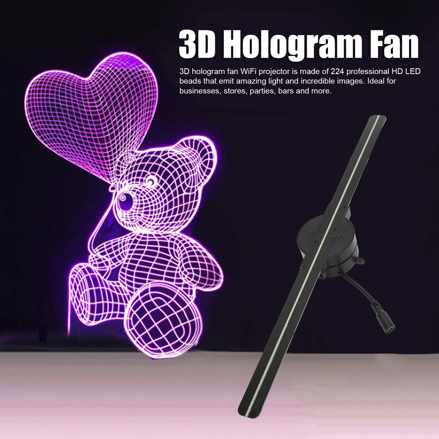 RhodesDavis 3D Hologram Fan 16.5In 2000X224 Wifi 3D Projector with 224 LED Light Beads for Business Store Advertising 100‑240V