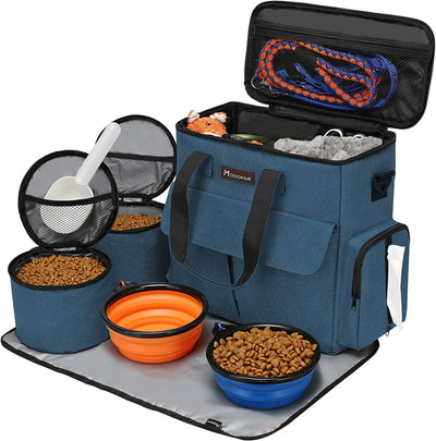 RhodesDavis Dog Travel Bag, Weekend Pet Travel Set for Dog and Cat, Airline Approved Tote Organizer with Multi-Function Pockets, 2 Food Storage Containers, 2 Collapsible Bowls, 1 Feeding Mat (Blue)