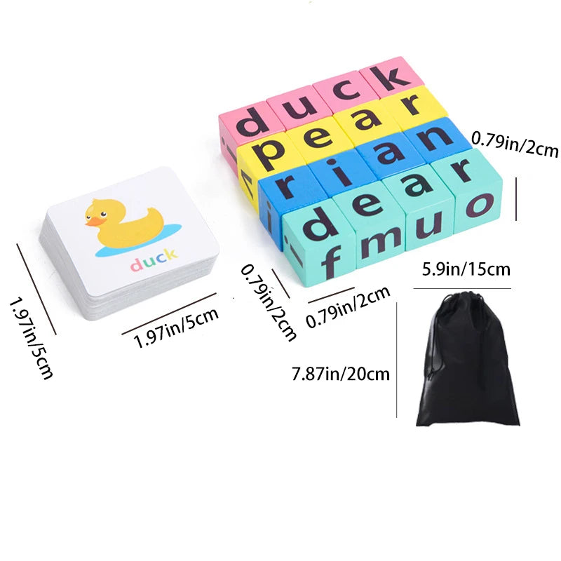 RhodesDavis Wooden Word Spelling Game,Alphabet Learning Toy for Preschool Boys and Girls,Letters Reading Building Blocks with 40 Cards