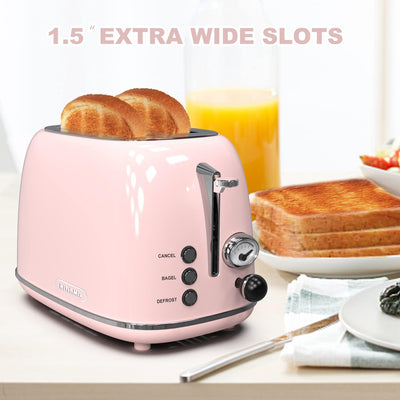 RhodesDavis Toaster 2 Slice,Retro Stainless Steel Toaster with 6 Settings, 1.5 in Extra Wide Slots, Bagel/Defrost/Cancel Function, Removable Crumb Tray (Baby Pink)