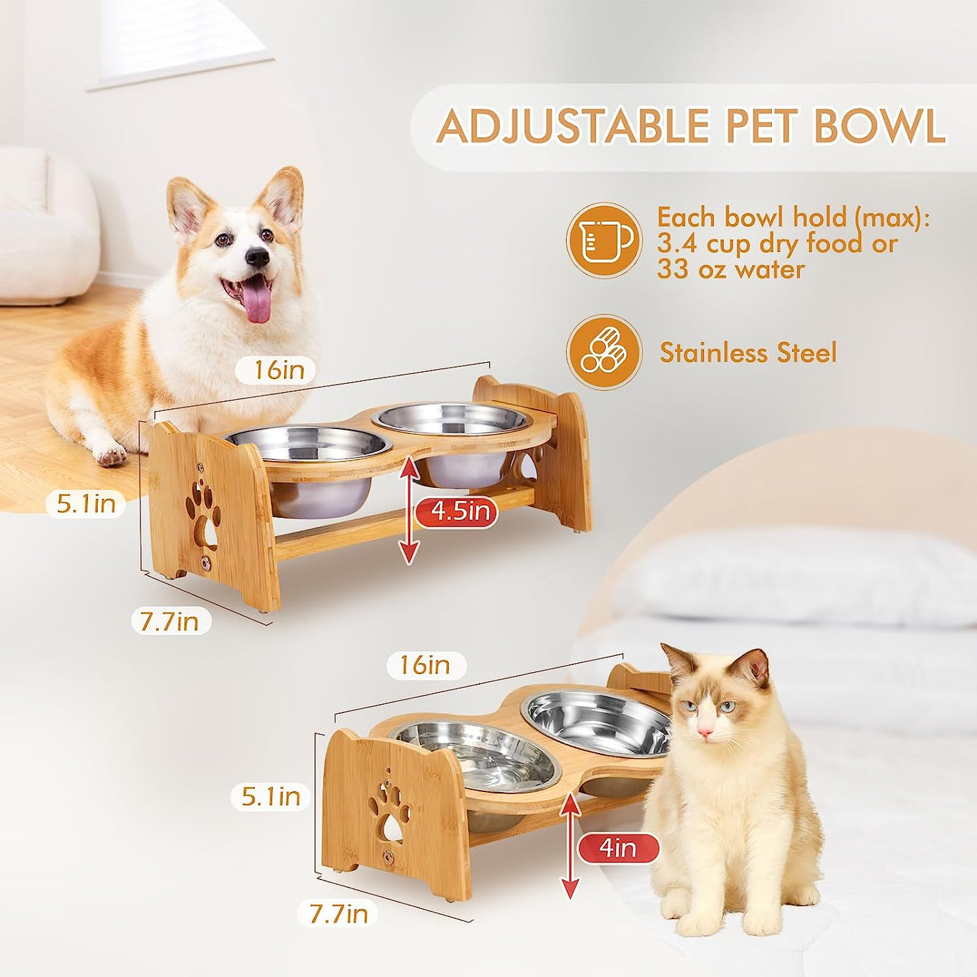 RhodesDavis Elevated Dog Bowls for Cats and Dogs, Adjustable Bamboo Raised Dog Bowls for Small Dog, Food and Water Set Stand Feeder with 2 Stainless Steel Bowls and anti Slip Feet (Height 4" to 4.5")