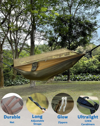 RhodesDavis Camping Hammock, Portable Double Hammock with Net, 2 Person Hammock Tent with 2 * 10Ft Straps, Best for Outdoor Hiking Survival Travel