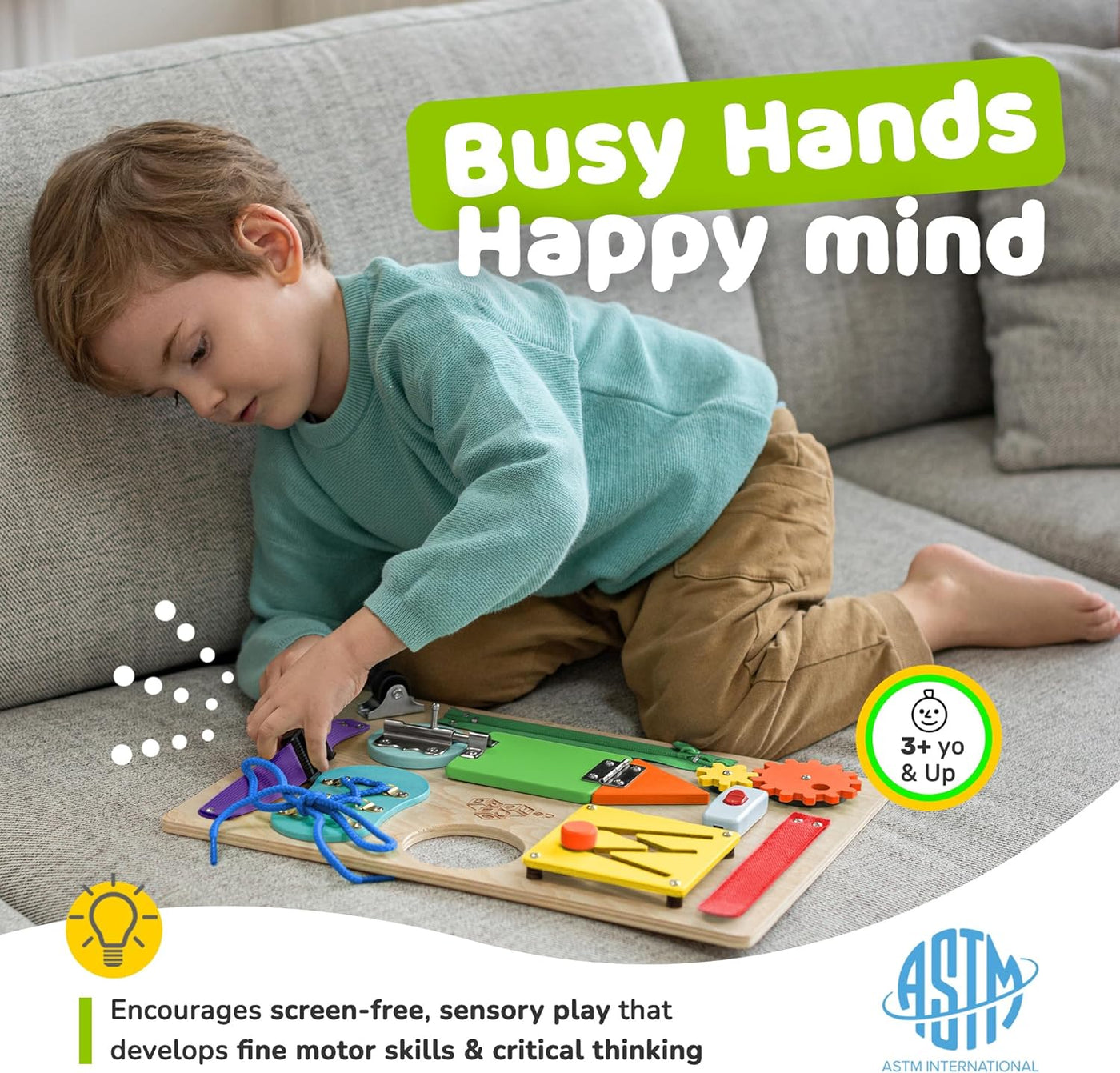 RhodesDavis Montessori Sensory Busy Board for Toddlers - 10 Engaging Activities to Enhance Fine Motor Skills, Wooden Travel Toy for Boys and Girls, Packaging May Vary