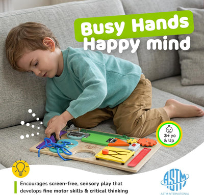 RhodesDavis Montessori Sensory Busy Board for Toddlers - 10 Engaging Activities to Enhance Fine Motor Skills, Wooden Travel Toy for Boys and Girls, Packaging May Vary