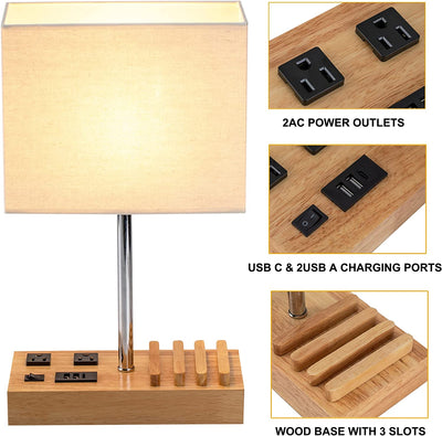 RhodesDavis Desk Lamp with 3 USB Charging Ports, Table Lamp with 2AC Outlets and 3 Phone Stands, Nightstand Bedside Lamp with Natural Wooden Base and Cream Linen Shade