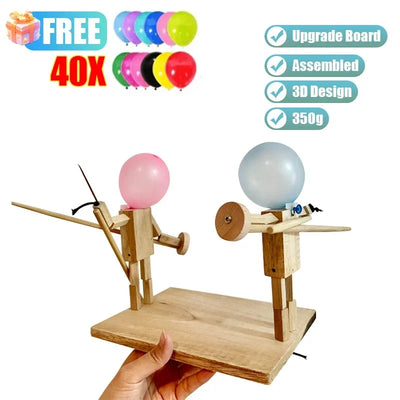 RhodesDavis Balloon Battle Handmade Wooden Fencing Puppet Head Inflatable Wooden Fighter Fast Paced Balloon Battle Game for 2 Players