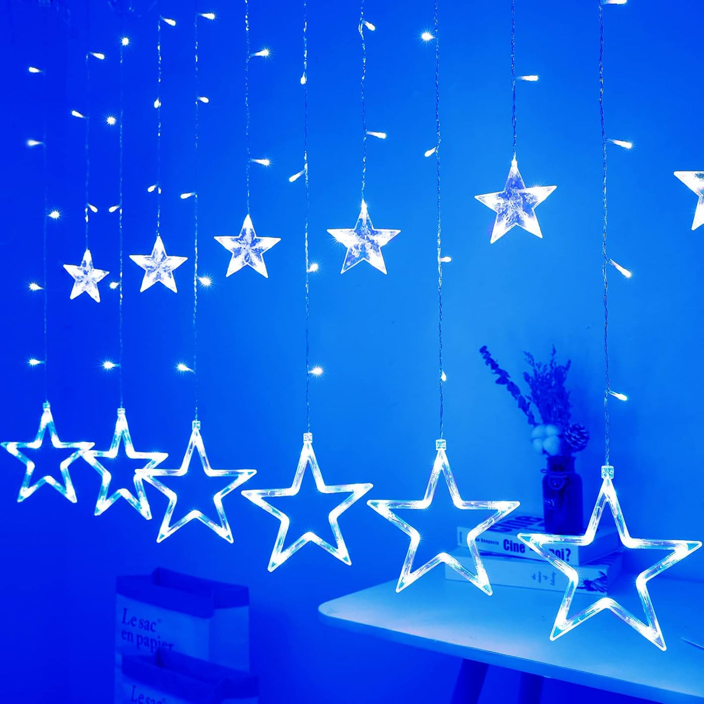 RhodesDavis Blue 12 Stars 138 LED Christmas Star Curtain String Lights - Plug-in Decorative Lighting for Bedroom, Wedding, and Garden with 8 Lighting Modes, Waterproof Design for Ramadan and Holiday Celebrations