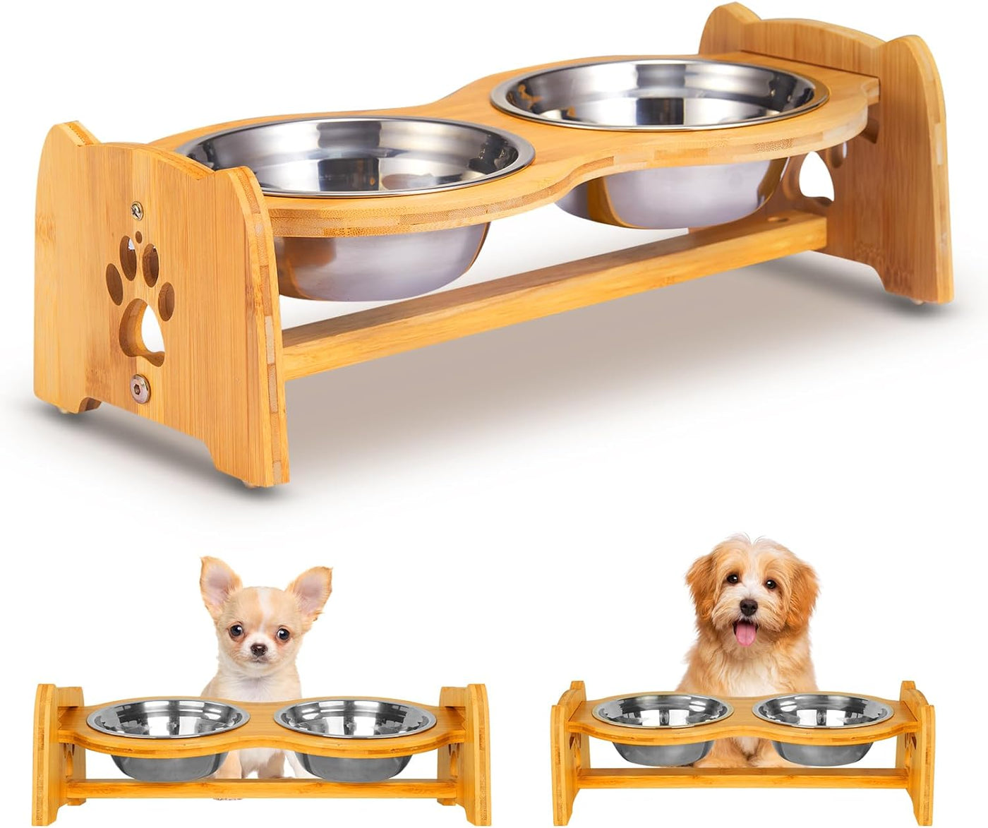 RhodesDavis Elevated Dog Bowls for Cats and Dogs, Adjustable Bamboo Raised Dog Bowls for Small Dog, Food and Water Set Stand Feeder with 2 Stainless Steel Bowls and anti Slip Feet (Height 4" to 4.5")