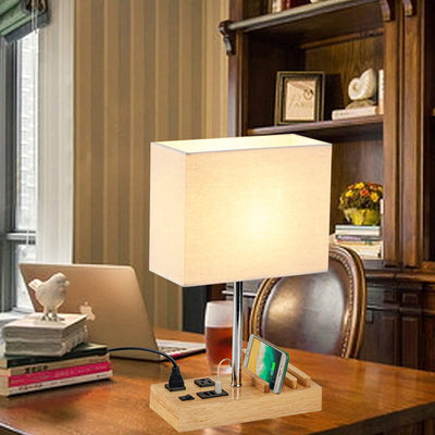 RhodesDavis Desk Lamp with 3 USB Charging Ports, Table Lamp with 2AC Outlets and 3 Phone Stands, Nightstand Bedside Lamp with Natural Wooden Base and Cream Linen Shade