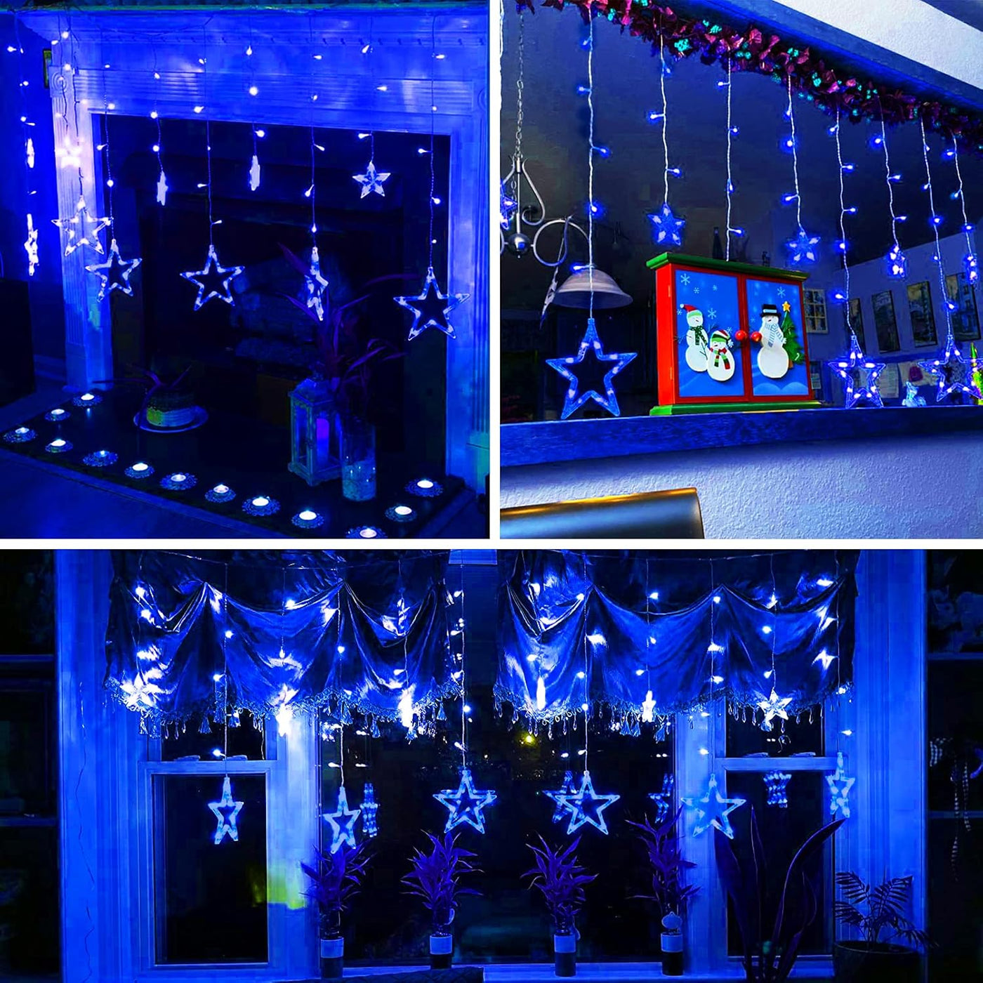 RhodesDavis Blue 12 Stars 138 LED Christmas Star Curtain String Lights - Plug-in Decorative Lighting for Bedroom, Wedding, and Garden with 8 Lighting Modes, Waterproof Design for Ramadan and Holiday Celebrations