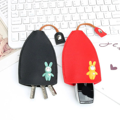 RhodesDavis Elegant PU Leather Key Wallet with Charming Cartoon Animal Designs - Cat and Rabbit Key Holder for Home and Vehicle Keys