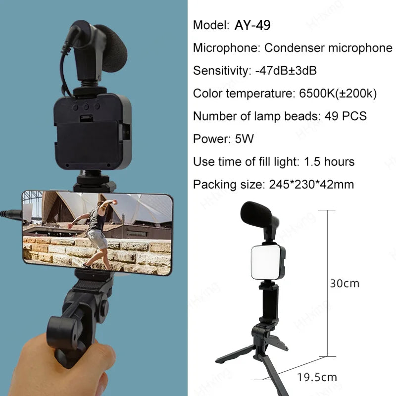 RhodesDavis Phone Holder Photography Lighting Smartphone Video Kit Microphone LED Selfie Tripod Recording Handle Portable Stabilizer Bracket