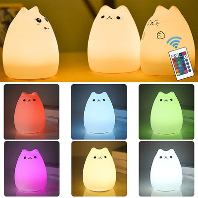 RhodesDavis Cat Lamp, Remote Control Silicone Kitty Night Light for Kids Toddler Baby Girls Rechargeable Cute Kawaii Nightlight , White , 4 Piece Set