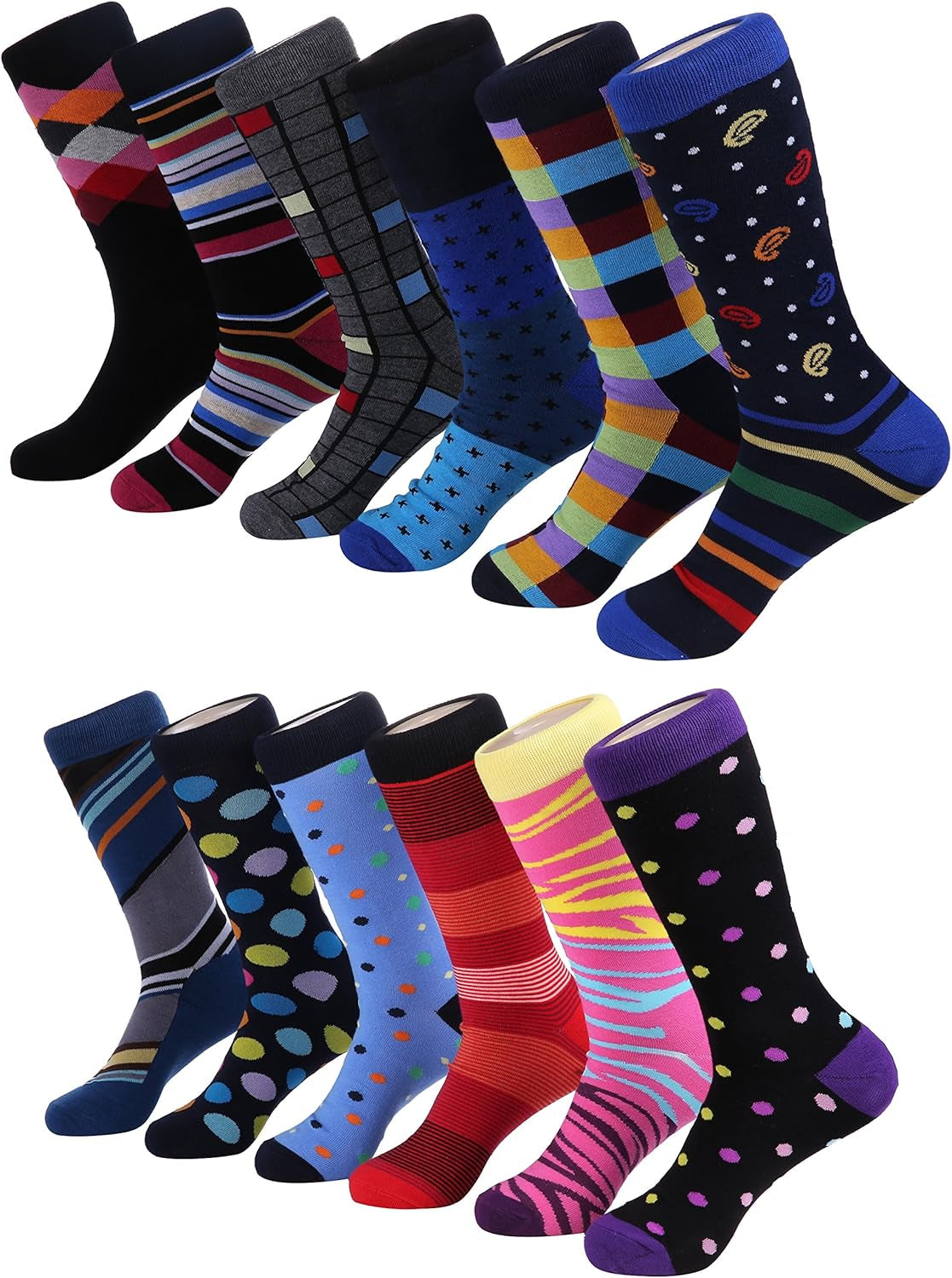 RhodesDavis Marino Men'S Dress Socks - Colorful Funky Socks for Men - Cotton Fashion Patterned Socks - 12 Pack