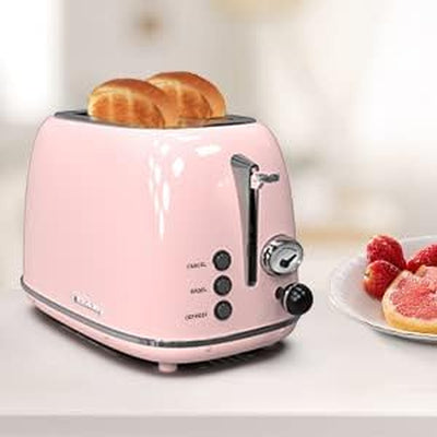 RhodesDavis Toaster 2 Slice,Retro Stainless Steel Toaster with 6 Settings, 1.5 in Extra Wide Slots, Bagel/Defrost/Cancel Function, Removable Crumb Tray (Baby Pink)