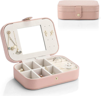 RhodesDavis Travel Jewelry Case Box Women PU Leather 2 Layer Jewelry Organizer Holder for Necklace Earring Rings-Weaving Pink