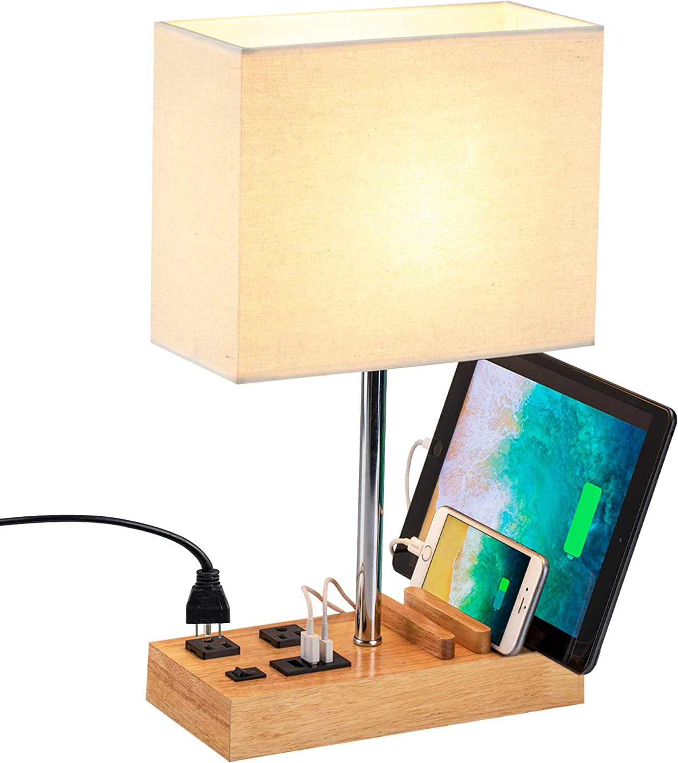 RhodesDavis Desk Lamp with 3 USB Charging Ports, Table Lamp with 2AC Outlets and 3 Phone Stands, Nightstand Bedside Lamp with Natural Wooden Base and Cream Linen Shade