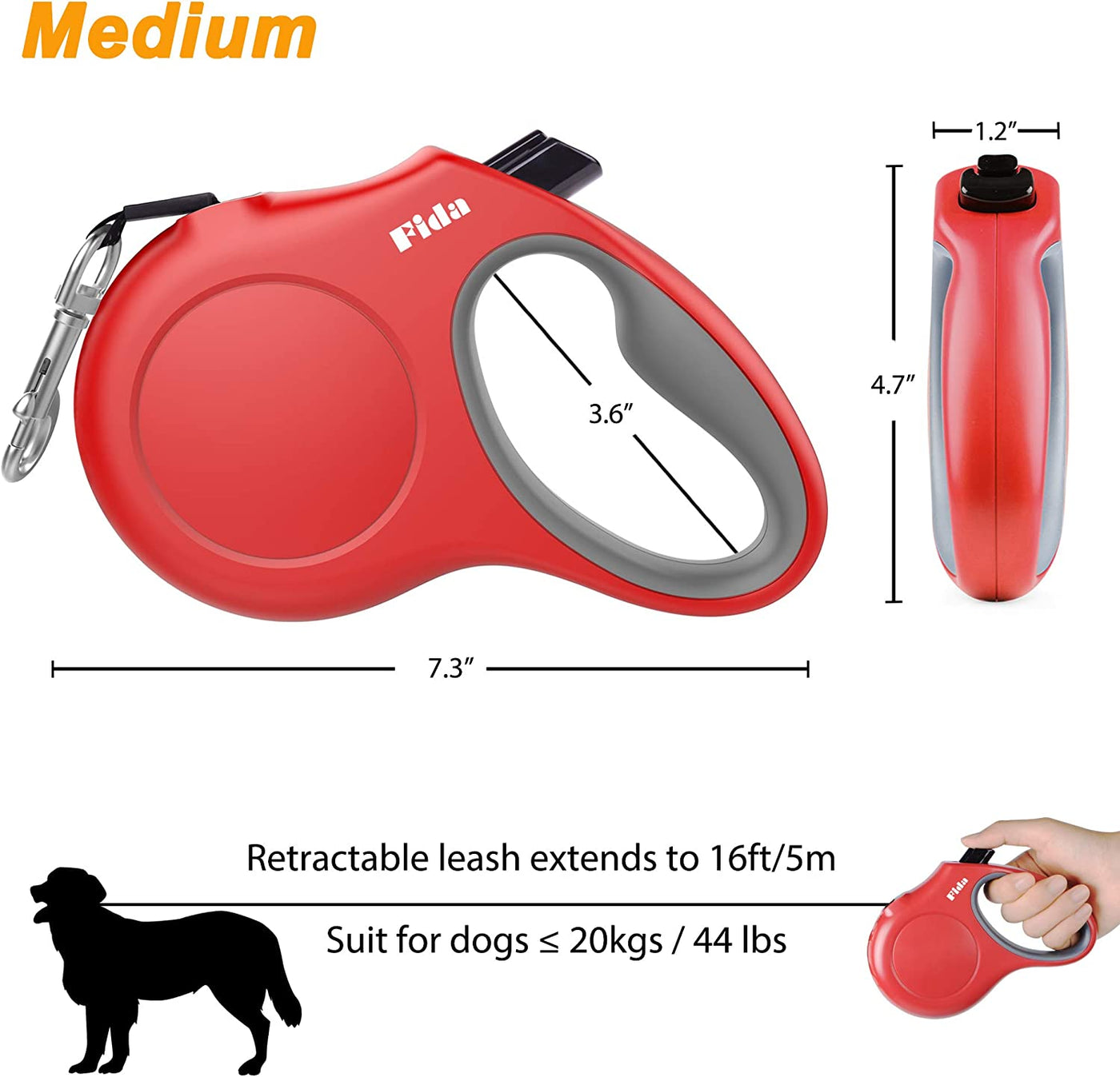 RhodesDavis Retractable Dog Leash with Dispenser and Poop Bags, 16 Ft Pet Walking Leash for Medium Dog or Cat up to 44 Lbs, Anti-Slip Handle, Tangle Free, Reflective Nylon Tape (M, Red)