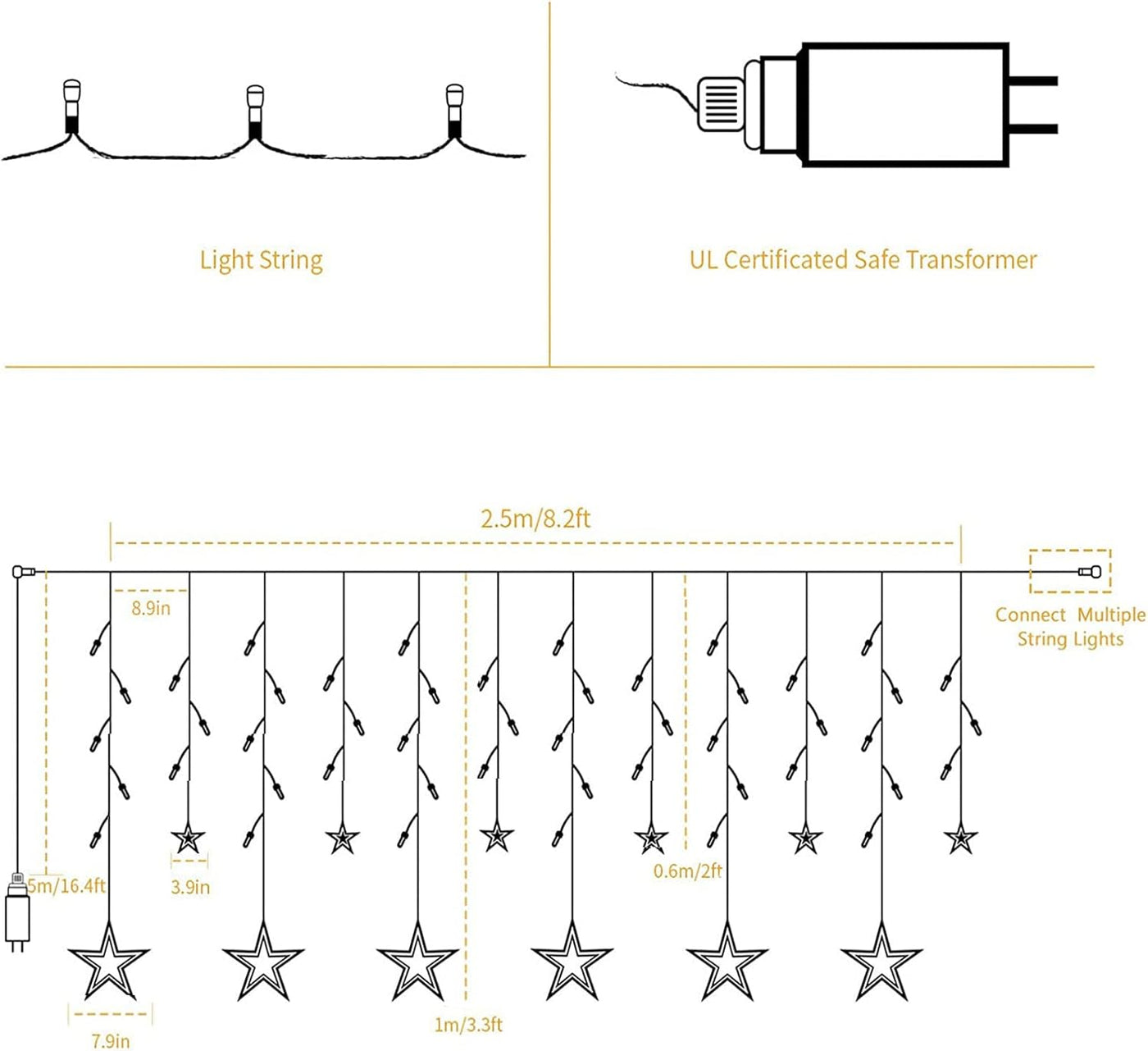 RhodesDavis Blue 12 Stars 138 LED Christmas Star Curtain String Lights - Plug-in Decorative Lighting for Bedroom, Wedding, and Garden with 8 Lighting Modes, Waterproof Design for Ramadan and Holiday Celebrations