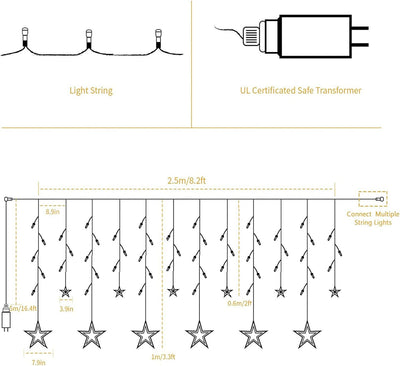 RhodesDavis Blue 12 Stars 138 LED Christmas Star Curtain String Lights - Plug-in Decorative Lighting for Bedroom, Wedding, and Garden with 8 Lighting Modes, Waterproof Design for Ramadan and Holiday Celebrations