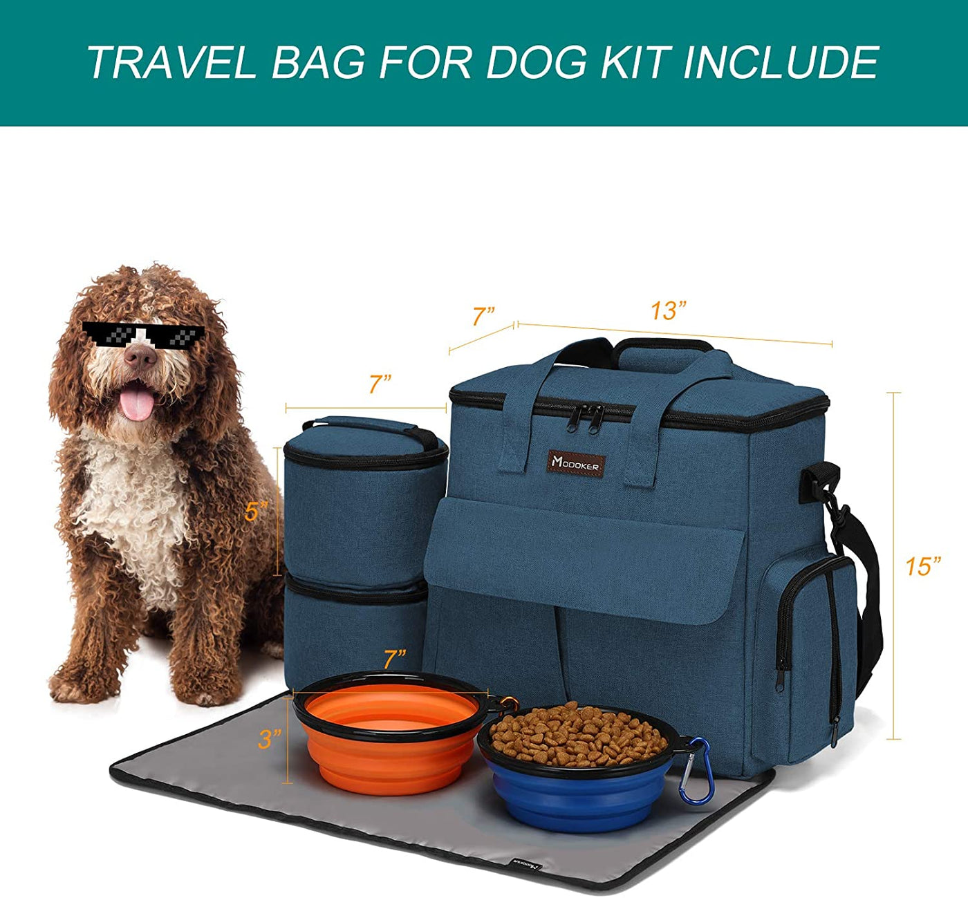 RhodesDavis Dog Travel Bag, Weekend Pet Travel Set for Dog and Cat, Airline Approved Tote Organizer with Multi-Function Pockets, 2 Food Storage Containers, 2 Collapsible Bowls, 1 Feeding Mat (Blue)